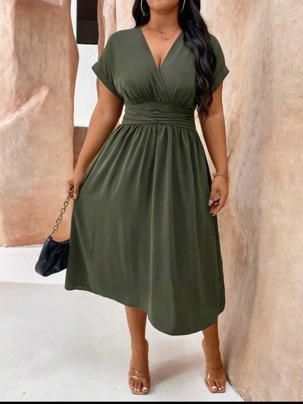 V-Neck Olive Green Midi Dress with Cinched Waist